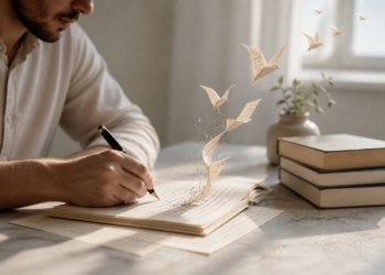 Do Escritor concept showing a writer’s desk with books, notes, and creative writing inspiration