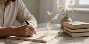 Do Escritor concept showing a writer’s desk with books, notes, and creative writing inspiration